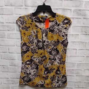 The Limited Mustard Yellow and Black Floral Tie Front Blouse